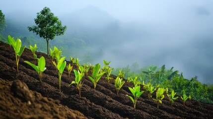 Aufkleber - Newly planted rows of saplings on a hillside, with a soft morning mist hovering over the landscape, symbolizing the rejuvenation of deforested land