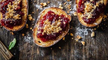 Poster - Rustic toast topped with homemade jam, crumbs scattered on a wooden table, evoking a fresh, homemade breakfast vibe