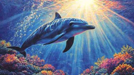 Aufkleber - Single dolphin diving underwater, surrounded by sun rays filtering through, with bubbles and a peaceful marine ambiance