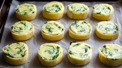 Poster - Toasted baguette slices with garlic butter and herbs, arranged on a parchment-lined baking sheet, ready for a warm, savory snack