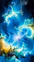 Wall Mural - Swirling celestial abstract nebula cloud with blue, turquoise, and yellow hues in a dark starry space