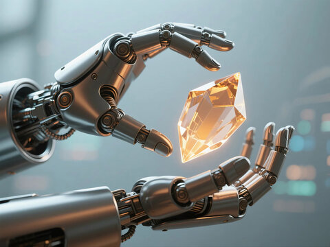 Robotic Hands Carefully Holding a Glowing Crystal Gemstone Futuristic Technology Concept