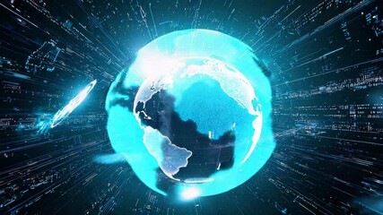 Fototapete - A digital Earth globe surrounded by glowing lines and data streams, symbolizing global connectivity and technology.