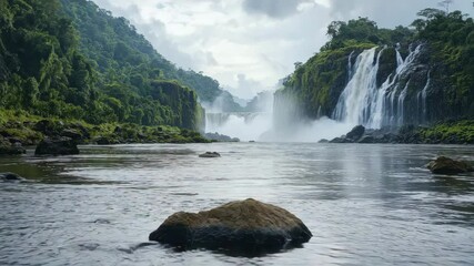 Poster - A wide river flows through lush green forested hills, featuring tall waterfalls and large rocks in the foreground under a cloudy sky.