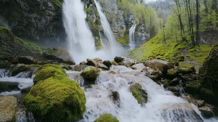 Poster - A vibrant waterfall cascades over mossy rocks in a lush green forest, creating a serene and refreshing natural scene.