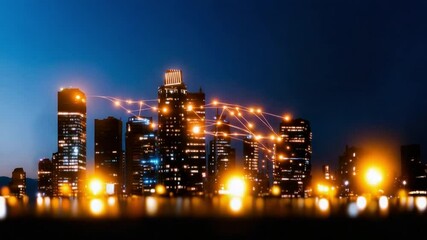 Poster - Connected Metropolis: A nighttime skyline of a modern city, interconnected by digital network lines, reflecting innovation and the seamless flow of information
