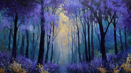 Poster - Impressionistic Forest Path With Purple Flowers and Golden Light, Evoking Tranquility and Natural Beauty for Wellness Campaigns : Generative AI