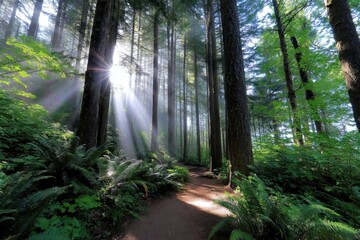 Aufkleber - Sunbeams Filtering Through Forest Trees, Inspiring Tranquility and Environmental Awareness for Nature Conservation Projects : Generative AI
