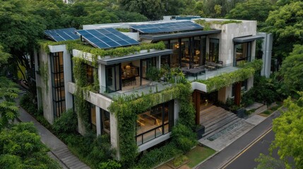 Aufkleber - Modern Eco-Friendly House With Solar Panels and Greenery, Showcasing Sustainable Living and Architectural Innovation for Real Estate Marketing : Generative AI