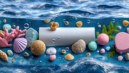 Aufkleber - Surreal Underwater Still Life With Seashells and Spheres, Evoking Environmental Awareness and Ocean Conservation Efforts : Generative AI
