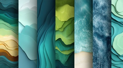 Poster - Abstract Layered Landscape in Shades of Blue and Green, Representing Environmental Awareness and Corporate Social Responsibility Initiatives : Generative AI