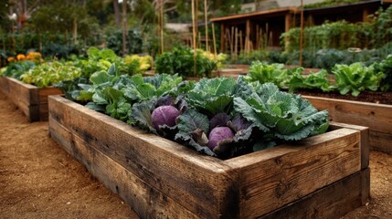 Aufkleber - Vegetable Garden With Raised Beds Full of Cabbage, Representing Sustainable Living and Healthy Eating : Generative AI