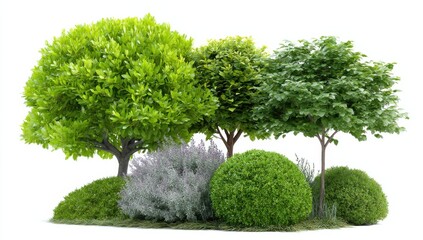 Poster - Variety of Trees and Shrubs Against White Backdrop, Showcasing Landscaping Design and Environmental Stewardship for Sustainable Living : Generative AI