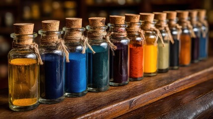Poster - Row of Colorful Glass Bottles with Corks on Wooden Table, Representing Alchemy and Creative Exploration for Scientific Research and Pharmaceutical Development : Generative AI