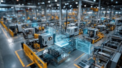 Fototapete - High Angle View of Automated Factory Floor with Data Visualization Overlays, Representing Industry 4.0 and Digital Transformation : Generative AI