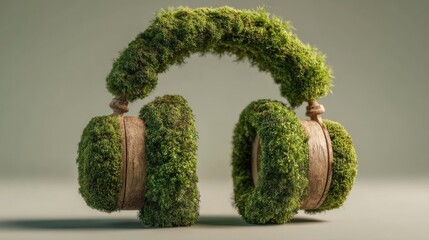 Aufkleber - Moss-Covered Headphones on Soft Background, Symbolizing Eco-Friendly Technology and Sustainable Innovation in Audio Equipment : Generative AI