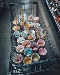 Poster - Shopping Cart Filled With Paint-Splattered Cups and Brushes, Representing Creative Messiness and Artistic Expression, Ideal for Art Supply Marketing : Generative AI