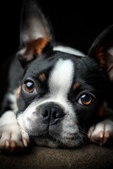 Poster - Close-Up of Boston Terrier Puppy Resting Head on Paws, Conveying Pet Adoption and Animal Companionship : Generative AI