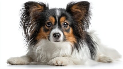 Poster - Adorable Papillon Dog Resting on White Background, Promoting Pet Adoption and Animal Companionship : Generative AI