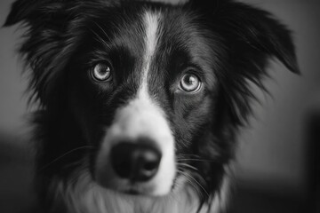 Poster - Close-Up of a Border Collie's Face in Black and White, Evoking Pet Ownership and Animal Companionship for Veterinary or Breed-Specific Content : Generative AI