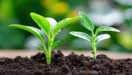 Aufkleber - Two Young Seedlings Emerging From Soil, Symbolizing Growth and Sustainable Development for Environmental Awareness Campaigns : Generative AI