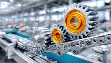 Aufkleber - Golden Gears Interlocking on Conveyor Belt in Factory, Illustrating Industrial Automation and Precision Engineering for Manufacturing Processes : Generative AI