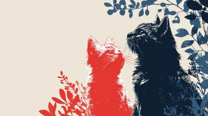 Aufkleber - Two Cats in Red and Blue Under Foliage, Symbolizing Companionship and Pet Adoption Campaigns, in a Unique Style : Generative AI