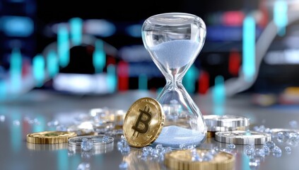 Fototapete - Bitcoin Cryptocurrency and Hourglass Against Stock Market Chart, Symbolizing Investment Risk and Financial Deadline : Generative AI