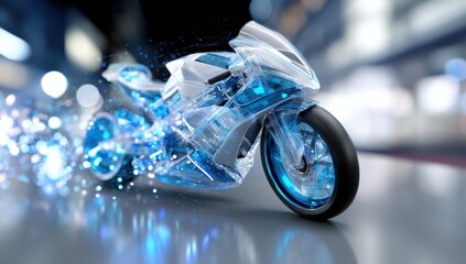 Poster - Futuristic Motorcycle Concept With Transparent Body and Blue Glow, Showcasing Innovation and Technological Advancement in Transportation Design : Generative AI