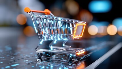 Fototapete - Shopping Cart on Illuminated Surface, Representing E-Commerce, Online Retail, and Consumerism in the Digital Age, Perfect for Advertising and Promotion : Generative AI