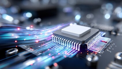 Aufkleber - Close Up of Microchip With Light Trails, Illustrating Technological Advancement and Digital Transformation Solutions : Generative AI