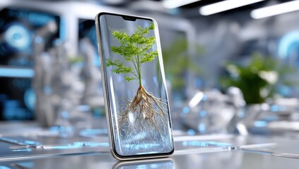 Aufkleber - Sapling Growing Inside Smartphone Screen in a Futuristic Lab, Symbolizing Technological Innovation and Sustainable Development for Corporate Responsibility Campaigns : Generative AI