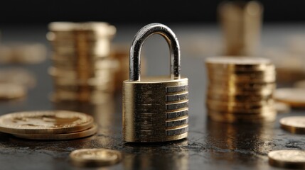 Poster - Golden Padlock Securing Stacks of Coins, Illustrating Financial Security and Investment Protection for Wealth Management and Retirement Planning : Generative AI