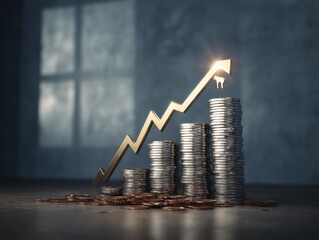 Poster - Stacks of Coins With Golden Arrow Pointing Upward, Symbolizing Financial Growth and Investment Opportunities for Business Development and Wealth Management : Generative AI