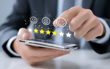 Poster - Customer Giving a Three-Star Rating on a Smartphone, Illustrating Feedback and Online Reputation Management for Business Growth and Digital Transformation : Generative AI