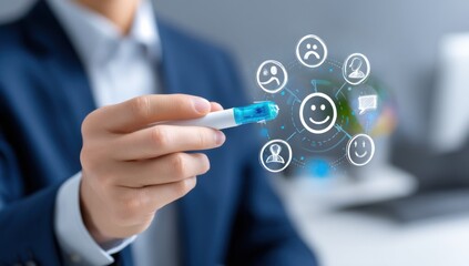 Poster - Hand Holding Marker Near Customer Feedback Icons, Illustrating Satisfaction and Consumer Insights for Market Research and Business Development : Generative AI