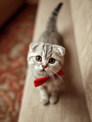 Poster - Cute Scottish Fold Kitten Wearing a Red Bow Tie, Representing Playfulness and Pet Adoption, Looking Upward : Generative AI