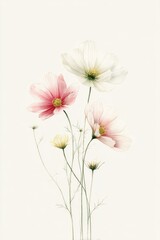 Poster - Watercolor Cosmos Flowers in Pastel Shades, Representing Floral Design and Springtime Beauty for Wedding Invitations and Botanical Art : Generative AI