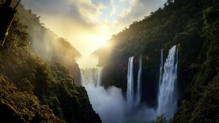 Poster - A majestic waterfall cascades through a lush green forest as golden sunlight breaks through the misty atmosphere.