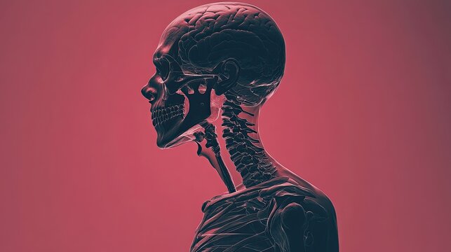 Ethereal human anatomy revealing inner workings a study in fragility and strength rendered against a muted red backdrop