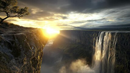 Poster - A dramatic cliffside at sunrise overlooks a powerful waterfall cascading into a misty gorge under a cloudy sky.