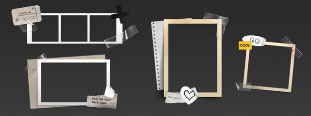 Poster - Set of retro photo frames and scrapbook layout in y2k or 90s style. Nostalgic collage of old blank instant film borders, ripped paper notes and stickers on transparent bg. Vintage picture mockup.