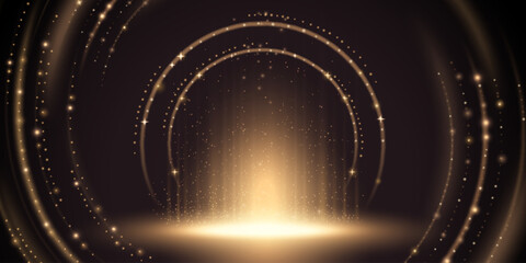 Poster - Golden award ceremony stage - podium with glitter lines and sparkling particles flying around. Shiny paths and round frame. 3d luxury event, magic entertainment show background.