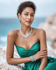 a beautiful indian woman wearing a white diamond necklace and earrings