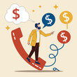 © RABBI - Confidence salesman standing with telephone connected to money dollar sign. Telemarketing or telesales, phone call for selling product or business deal via telephone call, insurance agent concept.