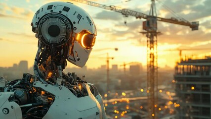 Poster - Futuristic robot working on construction site,banner. 