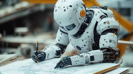 Poster - Advanced futuristic robot working on architectural blueprints at a construction site, demonstrating AI-driven engineering and automation. Close-up view. banner. copy space
