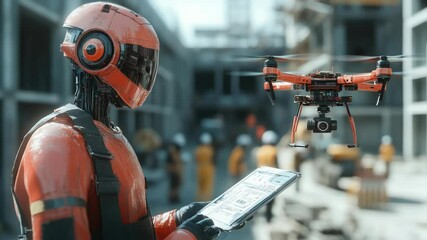 Poster - AI robot inspects construction site with drone alongside humans, robot working on construction site,banner. copy space
