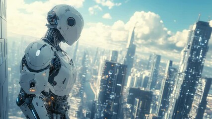 Poster - Futuristic robot working on construction site,banner.