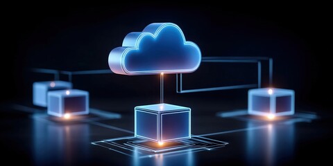 Poster - Cloud technology concept with modern data center and cloud technologies connected in futuristic digital network design